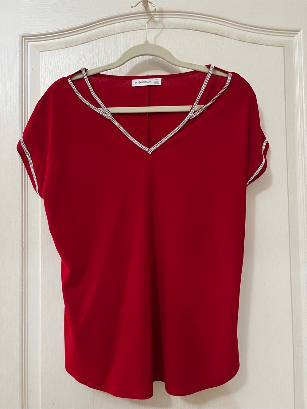Red V-Neck Embellished Blouse